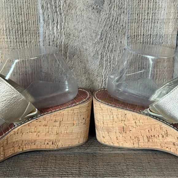 Womens Sam Edelman Rose Gold Metallic Leather Cork Wedge Thong Sandals Size 9.5 - Picture 6 of 10